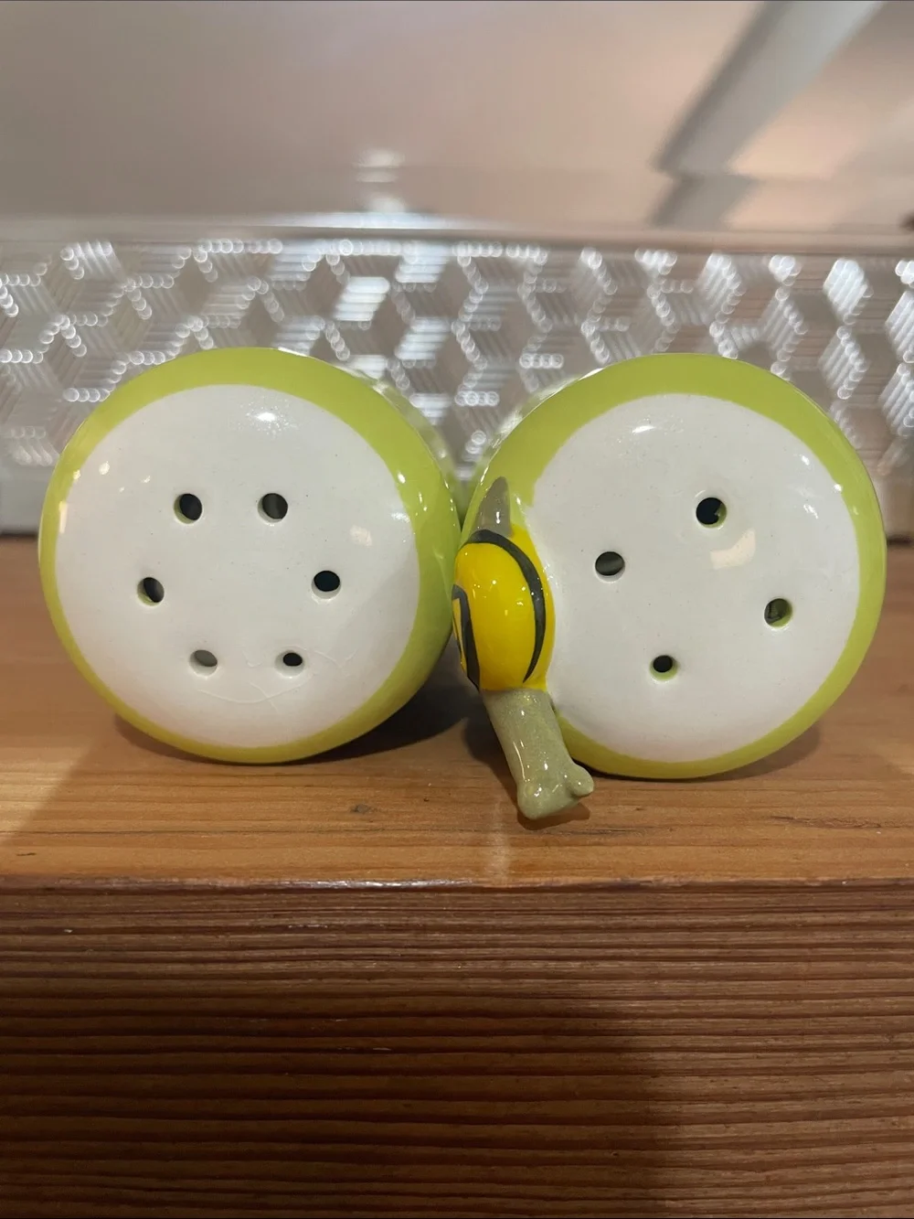 Anthropologie Hand-Painted Lime Green Floral Salt & Pepper Shaker Set